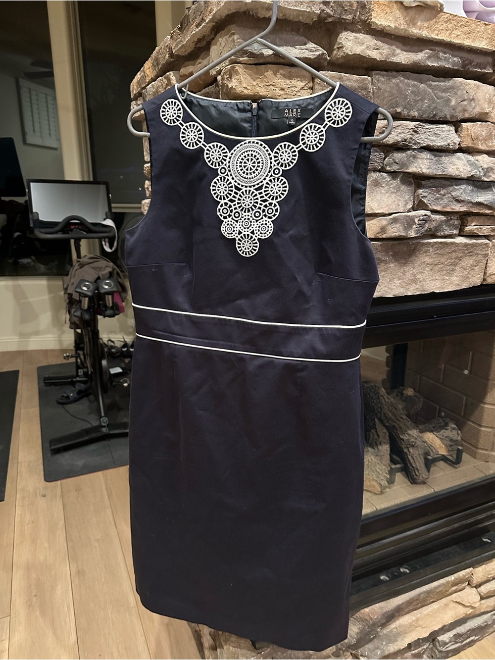 Alex Marie Navy Sheath Dress with White Lace Medallion